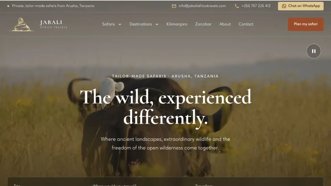 Jabali Africa Travels website homepage preview