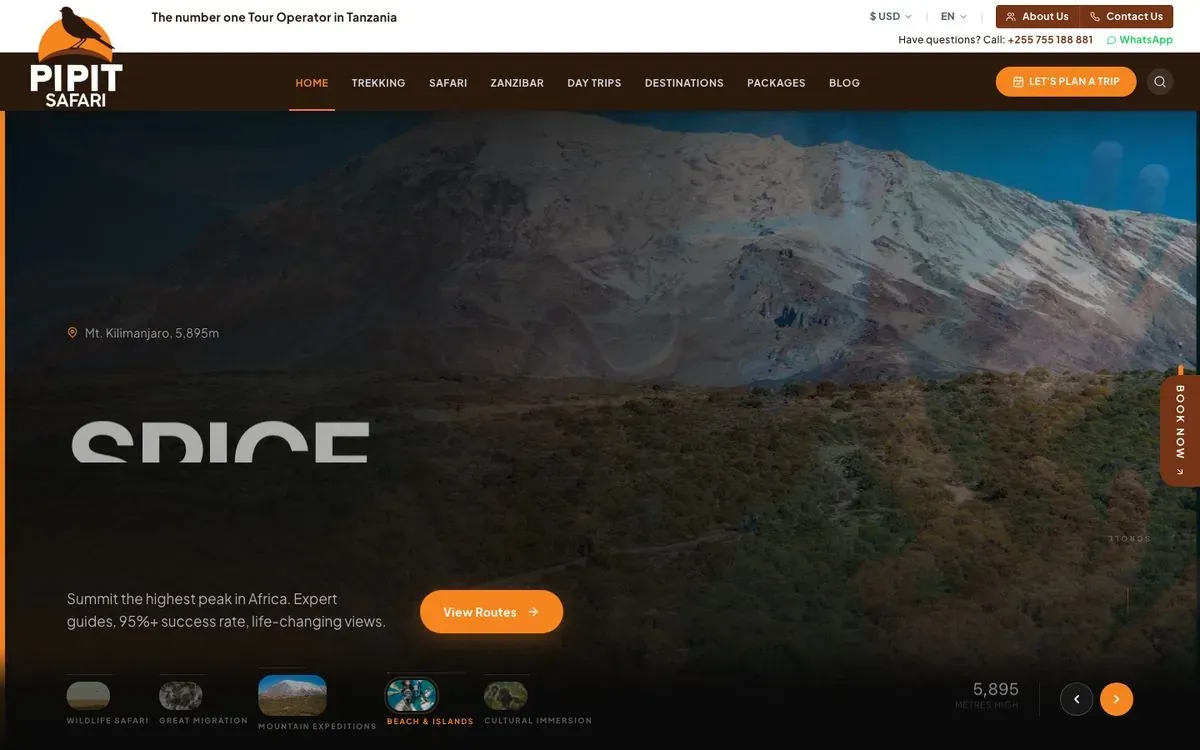 Pipit Safari website homepage preview