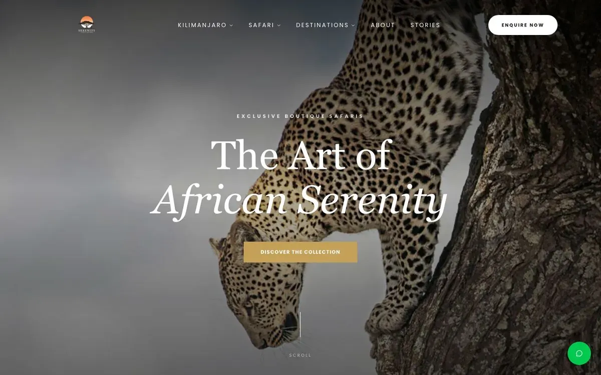 Serenity Africa Safaris website homepage preview