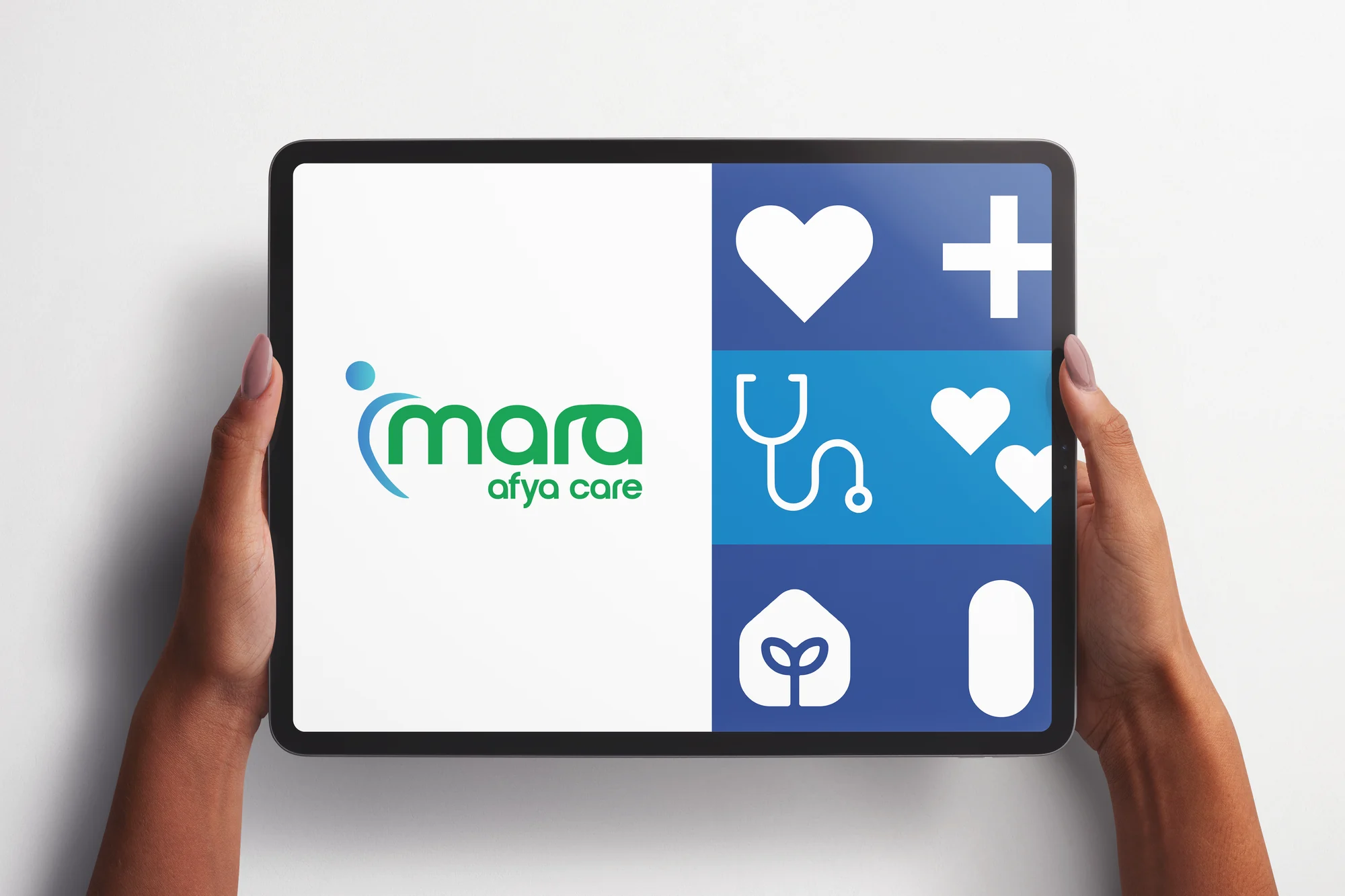 Imara Afya Care logo and healthcare patterns presented on a tablet
