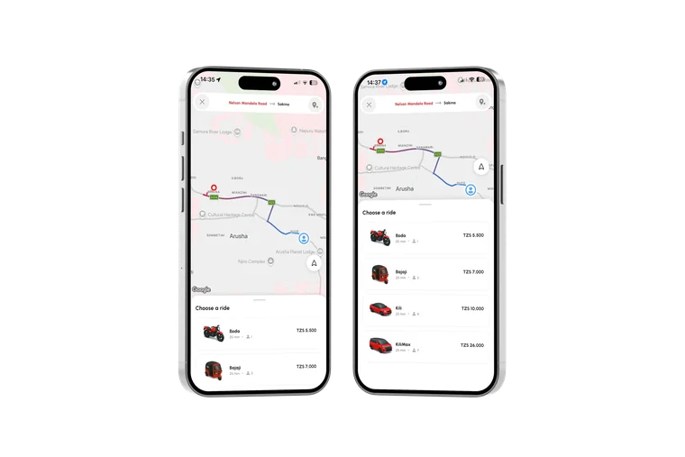 Kiliride route screens presented on two phones