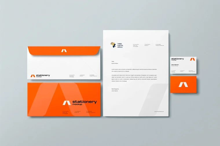 Three Capital Africa stationery identity mockup